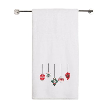 BYFT Iris Christmas Embroidered 70 x 140 Cm White Bath Towel - "Christmas Ornament Set" Design 100% Cotton - Premium Holiday Collection