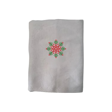 BYFT Iris Christmas Embroidered 50 x 80 Cm White Hand Towel - "Festive Red &amp; Green Snowflake" Design 100% Cotton - Premium Holiday Collection