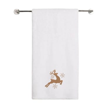 BYFT Iris Christmas Embroidered 70 x 140 Cm White Bath Towel - "Leaping Reindeer with Snowflakes" Design 100% Cotton - Premium Holiday Collection