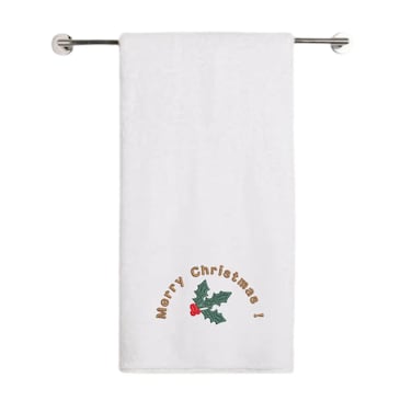 BYFT Iris Christmas Embroidered 70 x 140 Cm White Bath Towel - "Merry Christmas Holly Wreath Arc" Design 100% Cotton - Premium Holiday Collection