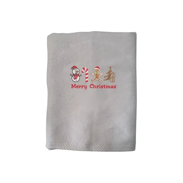 BYFT Iris Christmas Embroidered 50 x 80 Cm White Hand Towel - "Merry Christmas Icons (Snowman + Candy Cane + Gingerbread + Tree)" Design 100% Cotton - Premium Holiday Collection