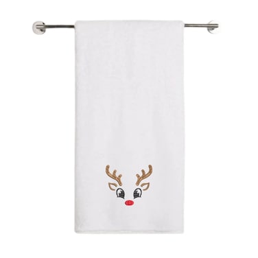 BYFT Iris Christmas Embroidered 70 x 140 Cm White Bath Towel - "Reindeer Face" Design 100% Cotton - Premium Holiday Collection