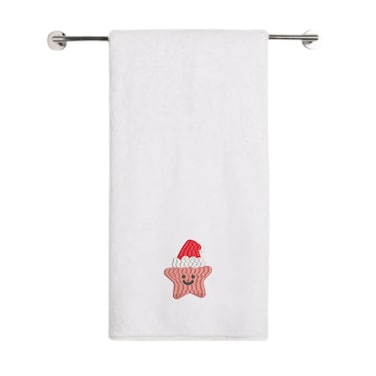 BYFT Iris Christmas Embroidered 70 x 140 Cm White Bath Towel - "Smiling Christmas Star with Santa Hat" Design 100% Cotton - Premium Holiday Collection