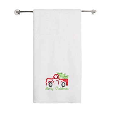BYFT Iris Christmas Embroidered 70 x 140 Cm White Bath Towel - "Vintage Christmas Truck with Tree" Design 100% Cotton - Premium Holiday Collection
