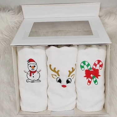 BYFT Iris Christmas Embroidered Hand Towel Trio Set - 100% Cotton, 50 x 80 cm, White - "Snowman, Reindeer Face &amp; Candy Cane with Bow" Design (Set of 3)