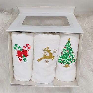 BYFT Iris Christmas Embroidered Hand Towel Trio Set - 100% Cotton, 50 x 80 cm, White - "Christmas Tree, Leaping Reindeer with Snowflakes &amp; Candy Canes with Bow" Design (Set of 3)