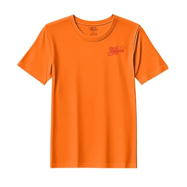 BYFT Threads XXL Orange Polycotton T-Shirt - Christmas "Believe" Embroidered Design, Premium Holiday Collection