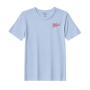 BYFT Threads XXL Sky Blue Polycotton T-Shirt - Christmas "Believe" Embroidered Design, Premium Holiday Collection