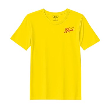 BYFT Threads Medium Yellow Polycotton T-Shirt - Christmas "Believe" Embroidered Design, Premium Holiday Collection