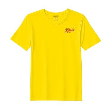 BYFT Threads XL Yellow Polycotton T-Shirt - Christmas "Believe" Embroidered Design, Premium Holiday Collection