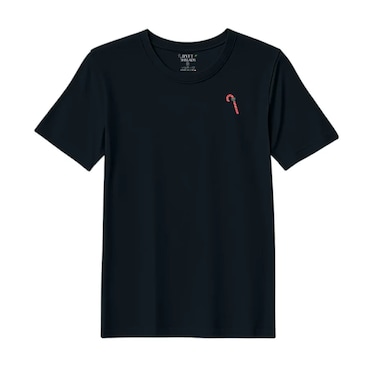 BYFT Threads Large Black Polycotton T-Shirt - Christmas "Candy Cane with Bow" Embroidered Design, Premium Holiday Collection