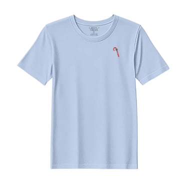 BYFT Threads Large Sky Blue Polycotton T-Shirt - Christmas "Candy Cane with Bow" Embroidered Design, Premium Holiday Collection