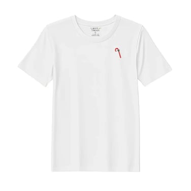 BYFT Threads Large White Polycotton T-Shirt - Christmas "Candy Cane with Bow" Embroidered Design, Premium Holiday Collection