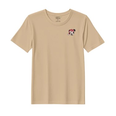 BYFT Threads Medium Beige Polycotton T-Shirt - Christmas "Christmas Minnie Face" Embroidered Design, Premium Holiday Collection