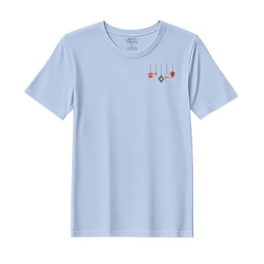 BYFT Threads Large Sky Blue Polycotton T-Shirt - Christmas "Christmas Ornament Set" Embroidered Design, Premium Holiday Collection