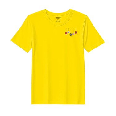 BYFT Threads XL Yellow Polycotton T-Shirt - Christmas "Christmas Ornament Set" Embroidered Design, Premium Holiday Collection