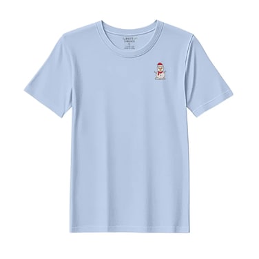 BYFT Threads Large Sky Blue Polycotton T-Shirt - Christmas "Classic Snowman with Red Scarf" Embroidered Design, Premium Holiday Collection