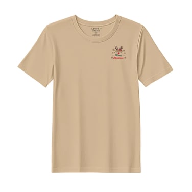 BYFT Threads XL Beige Polycotton T-Shirt - Christmas "Cute Reindeer Merry Christmas" Embroidered Design, Premium Holiday Collection