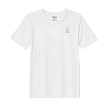 BYFT Threads Large White Polycotton T-Shirt - Christmas "Elegant Loop Christmas Tree" Embroidered Design, Premium Holiday Collection