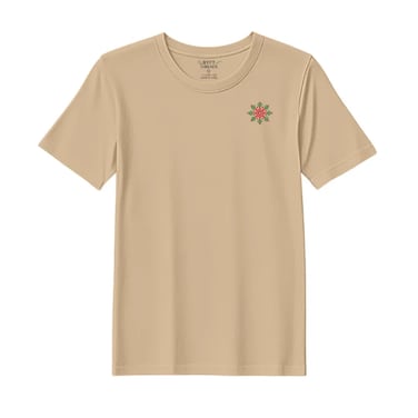 BYFT Threads Large Beige Polycotton T-Shirt - Christmas "Festive Red &amp; Green Snowflake" Embroidered Design, Premium Holiday Collection