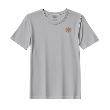BYFT Threads Medium Grey Polycotton T-Shirt - Christmas "Festive Red &amp; Green Snowflake" Embroidered Design, Premium Holiday Collection