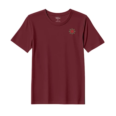 BYFT Threads Large Pomegranate Polycotton T-Shirt - Christmas "Festive Red &amp; Green Snowflake" Embroidered Design, Premium Holiday Collection