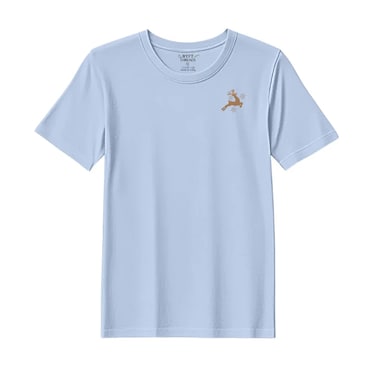 BYFT Threads XXL Sky Blue Polycotton T-Shirt - Christmas "Leaping Reindeer with Snowflakes" Embroidered Design, Premium Holiday Collection