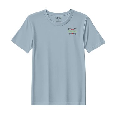 BYFT Threads XL Baby Blue Polycotton T-Shirt - Christmas "Meowy Christmas Cat" Embroidered Design, Premium Holiday Collection