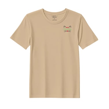BYFT Threads Medium Beige Polycotton T-Shirt - Christmas "Meowy Christmas Cat" Embroidered Design, Premium Holiday Collection