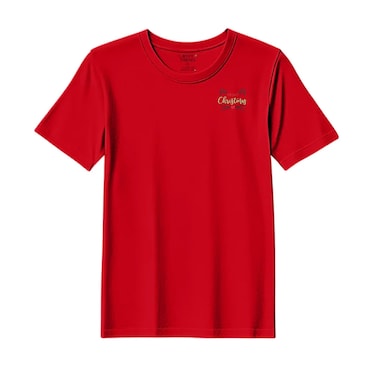 BYFT Threads Medium Red Polycotton T-Shirt - Christmas "Meowy Christmas Cat" Embroidered Design, Premium Holiday Collection