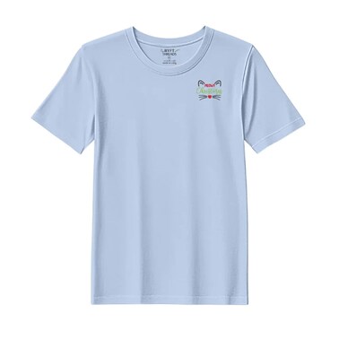 BYFT Threads Large Sky Blue Polycotton T-Shirt - Christmas "Meowy Christmas Cat" Embroidered Design, Premium Holiday Collection