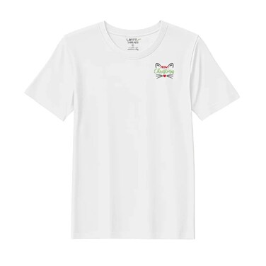 BYFT Threads Large White Polycotton T-Shirt - Christmas "Meowy Christmas Cat" Embroidered Design, Premium Holiday Collection