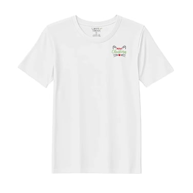 BYFT Threads XXL White Polycotton T-Shirt - Christmas "Meowy Christmas Cat" Embroidered Design, Premium Holiday Collection