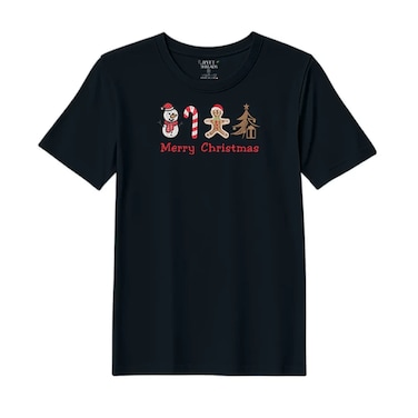 BYFT Threads Large Black Polycotton T-Shirt - Christmas "Merry Christmas Icons (Snowman + Candy Cane + Gingerbread + Tree)" Embroidered Design, Premium Holiday Collection