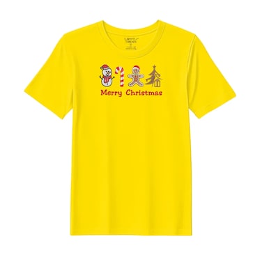 BYFT Threads XL Yellow Polycotton T-Shirt - Christmas "Merry Christmas Icons (Snowman + Candy Cane + Gingerbread + Tree)" Embroidered Design, Premium Holiday Collection