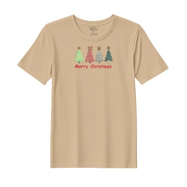 BYFT Threads Medium Beige Polycotton T-Shirt - Christmas "Merry Christmas Trees (4 Styles)" Embroidered Design, Premium Holiday Collection