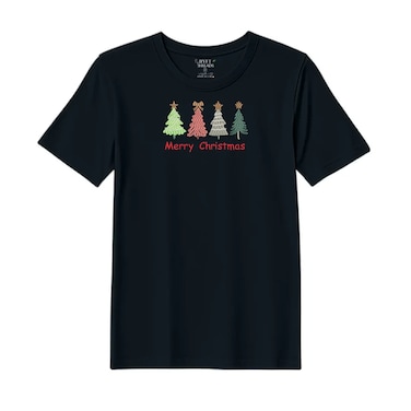 BYFT Threads Medium Black Polycotton T-Shirt - Christmas "Merry Christmas Trees (4 Styles)" Embroidered Design, Premium Holiday Collection