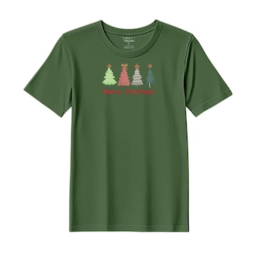 BYFT Threads Medium Forest ELF Green Polycotton T-Shirt - Christmas "Merry Christmas Trees (4 Styles)" Embroidered Design, Premium Holiday Collection