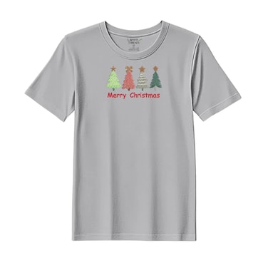 BYFT Threads Large Grey Polycotton T-Shirt - Christmas "Merry Christmas Trees (4 Styles)" Embroidered Design, Premium Holiday Collection