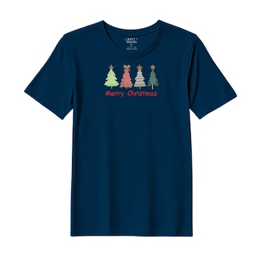 BYFT Threads XL Navy Blue Polycotton T-Shirt - Christmas "Merry Christmas Trees (4 Styles)" Embroidered Design, Premium Holiday Collection