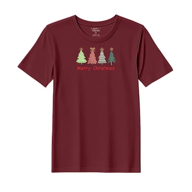 BYFT Threads Medium Pomegranate Polycotton T-Shirt - Christmas "Merry Christmas Trees (4 Styles)" Embroidered Design, Premium Holiday Collection