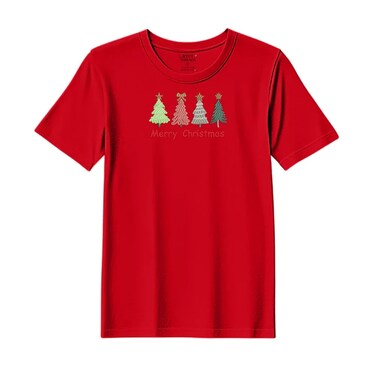 BYFT Threads XL Red Polycotton T-Shirt - Christmas "Merry Christmas Trees (4 Styles)" Embroidered Design, Premium Holiday Collection