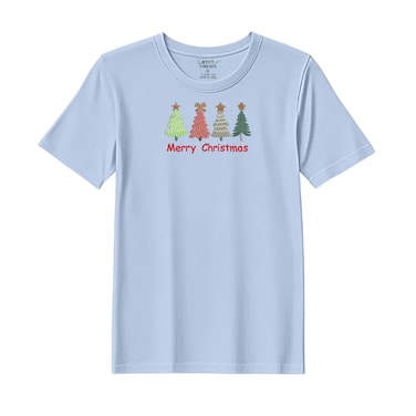 BYFT Threads Medium Sky Blue Polycotton T-Shirt - Christmas "Merry Christmas Trees (4 Styles)" Embroidered Design, Premium Holiday Collection