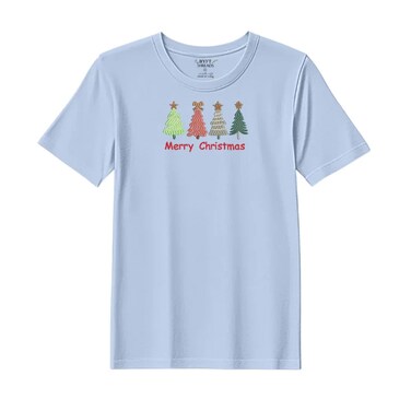 BYFT Threads XL Sky Blue Polycotton T-Shirt - Christmas "Merry Christmas Trees (4 Styles)" Embroidered Design, Premium Holiday Collection