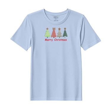 BYFT Threads XL Sky Blue Polycotton T-Shirt - Christmas "Merry Christmas Trees (4 Styles)" Embroidered Design, Premium Holiday Collection
