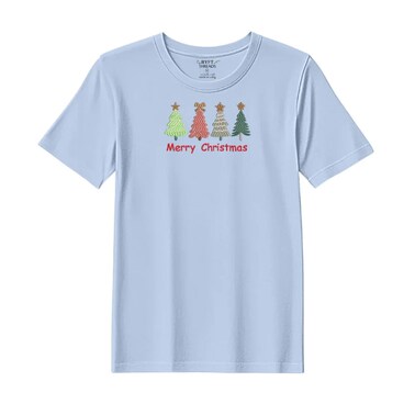 BYFT Threads XXL Sky Blue Polycotton T-Shirt - Christmas "Merry Christmas Trees (4 Styles)" Embroidered Design, Premium Holiday Collection