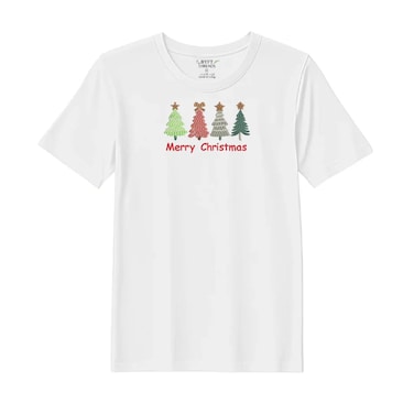 BYFT Threads XXL White Polycotton T-Shirt - Christmas "Merry Christmas Trees (4 Styles)" Embroidered Design, Premium Holiday Collection