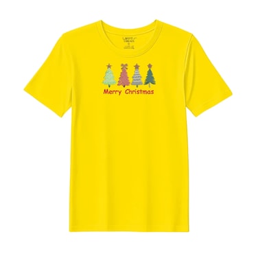 BYFT Threads Large Yellow Polycotton T-Shirt - Christmas "Merry Christmas Trees (4 Styles)" Embroidered Design, Premium Holiday Collection