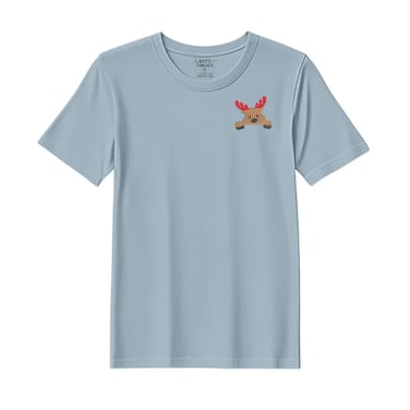 BYFT Threads Medium Baby Blue Polycotton T-Shirt - Christmas "Peeking Reindeer" Embroidered Design, Premium Holiday Collection