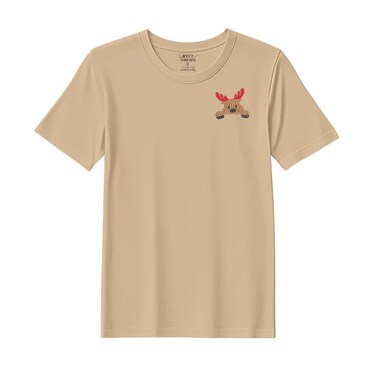 BYFT Threads XL Beige Polycotton T-Shirt - Christmas "Peeking Reindeer" Embroidered Design, Premium Holiday Collection